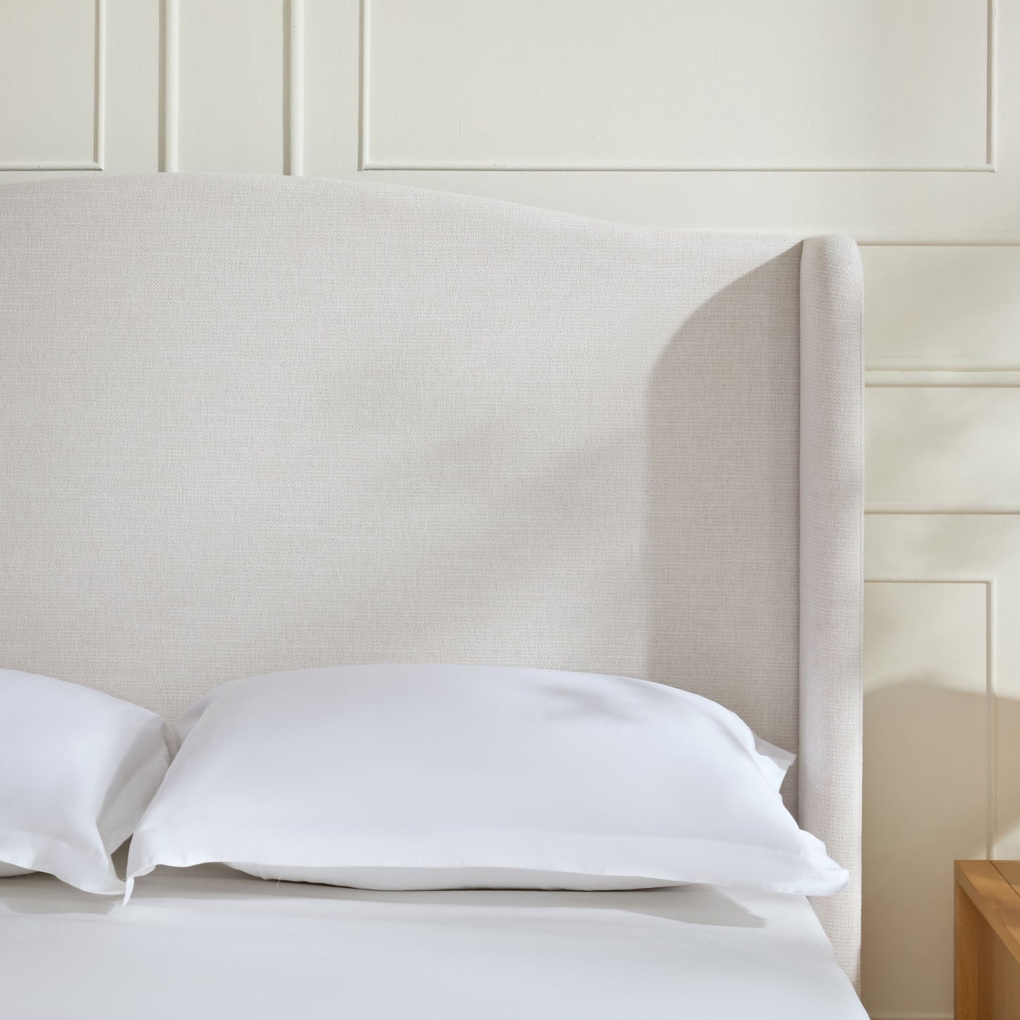 Hannah - Upholstered Wingback Bed Size / Tall Headboard Upholstered King Bed / Premium Textured Canvas Chenille Look / Minimalist Designs / No Box Spring Needed - The Sleep Loft - Online Mattress Showroom NYC