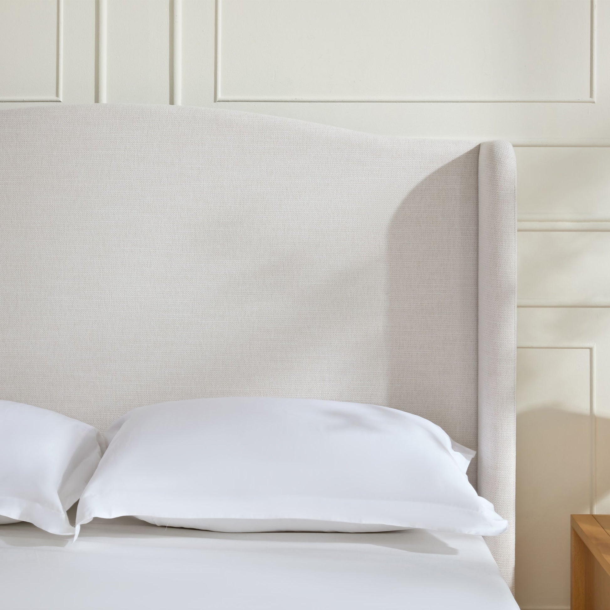 Hannah - Upholstered Wingback Bed Size / Tall Headboard Upholstered King Bed / Premium Textured Canvas Chenille Look / Minimalist Designs / No Box Spring Needed - The Sleep Loft - Online Mattress Showroom NYC