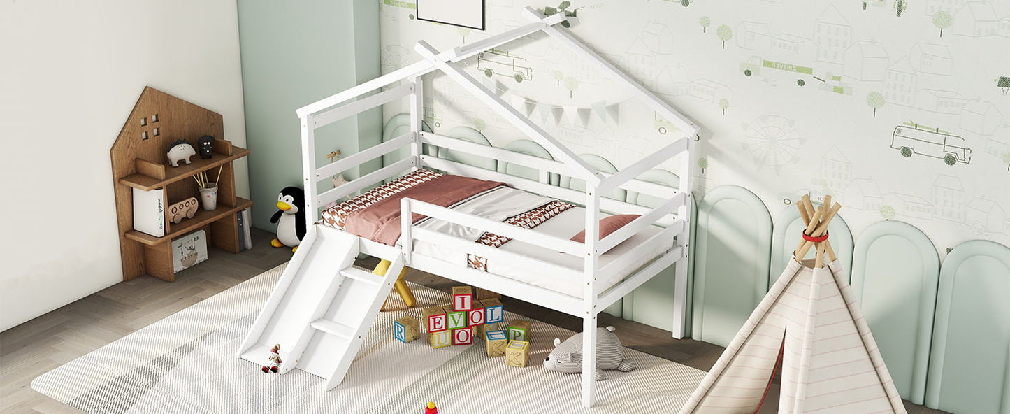 Low Loft House Bed With Slide, Ladder, Safety Guardrails, House Roof Frame - The Sleep Loft - Online Mattress Showroom NYC
