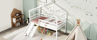 Low Loft House Bed With Slide, Ladder, Safety Guardrails, House Roof Frame - The Sleep Loft - Online Mattress Showroom NYC