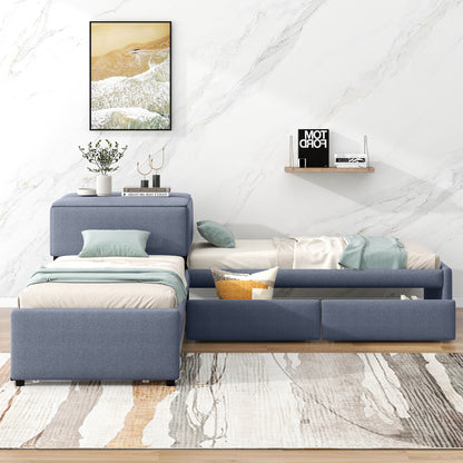 L Shaped Upholstered Platform Bed With Trundle And 2 Drawers Linked With Built In Desk - The Sleep Loft - Online Mattress Showroom NYC
