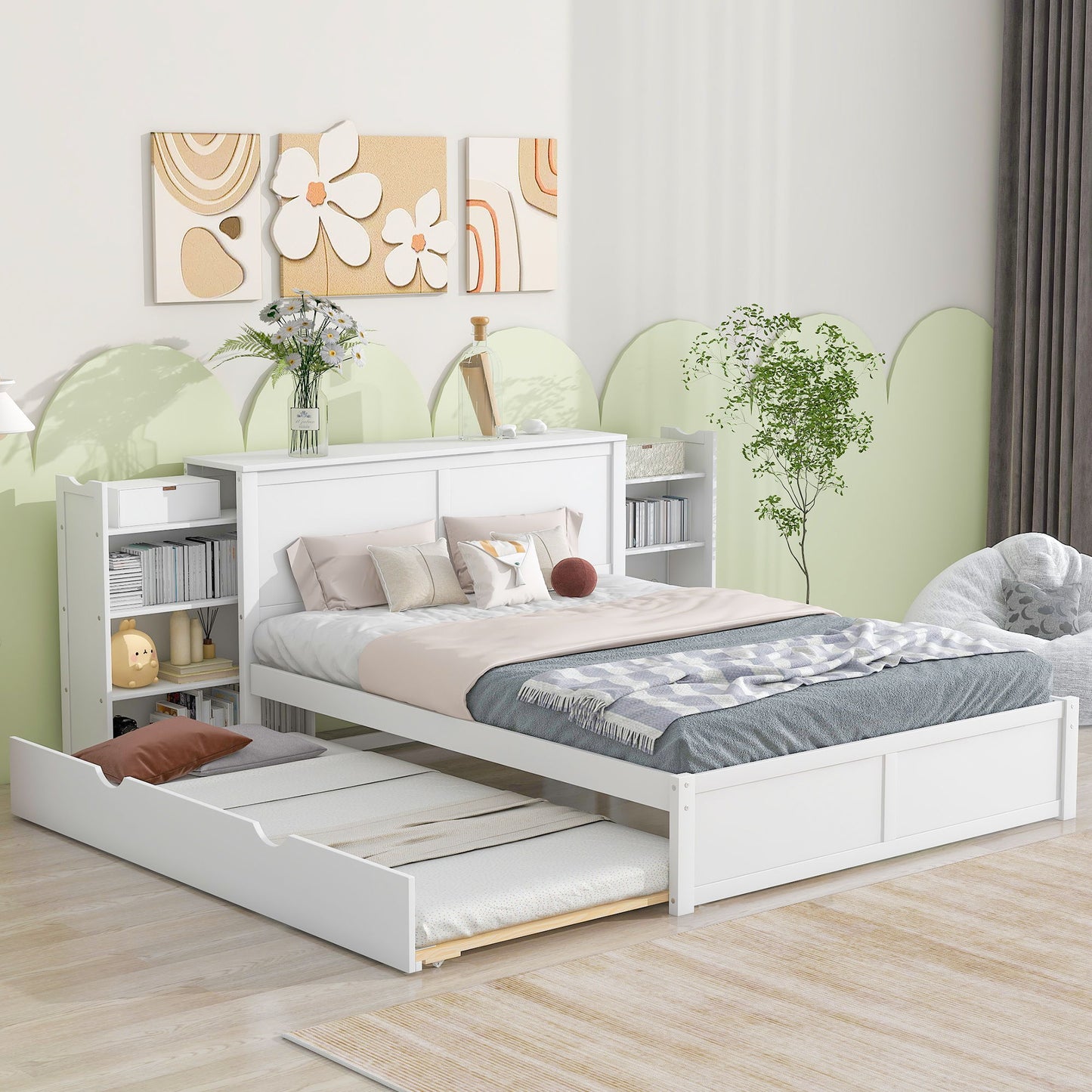 Storage Platform Bed With Pull Out Shelves And Trundle