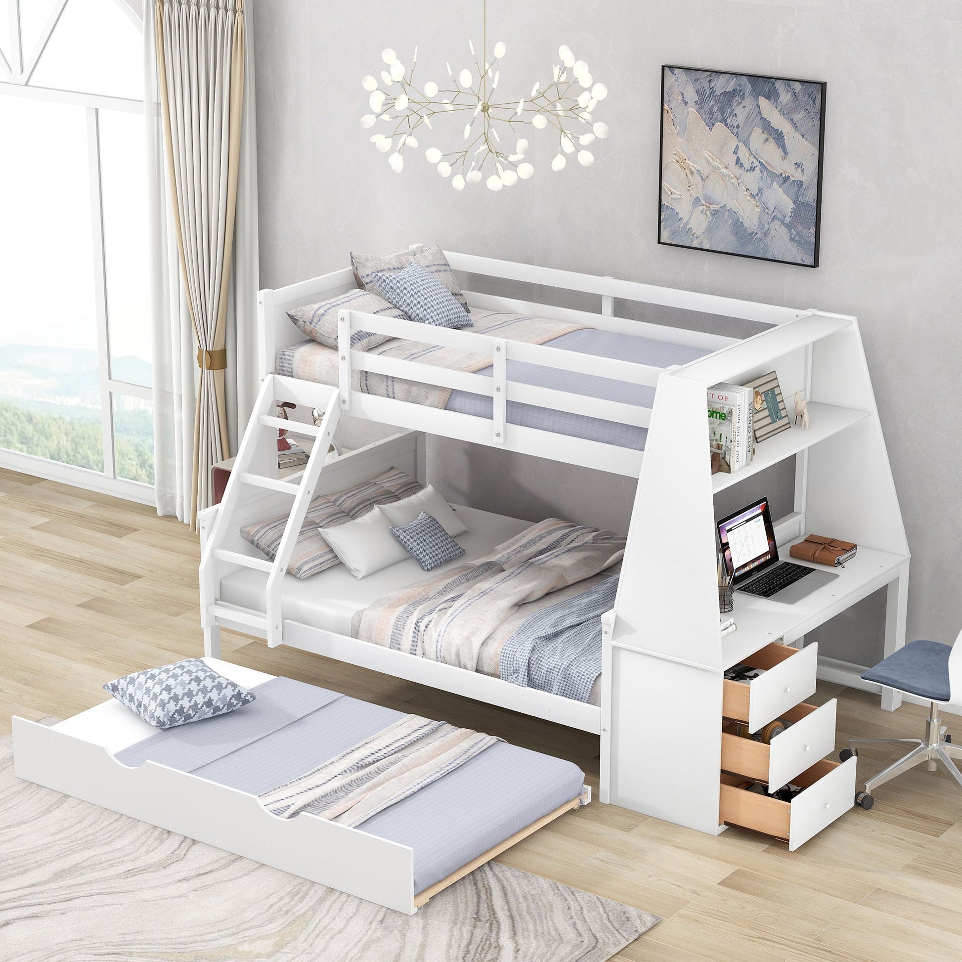 Bunk Bed With Trundle And Built In Desk, 3 Storage Drawers And Shelf - The Sleep Loft - Online Mattress Showroom NYC