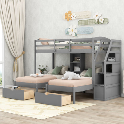 Twin Over Twin & Twin Bunk Bed With Drawers, Staircase Storage, Built In Shelves - Gray - The Sleep Loft - Online Mattress Showroom NYC