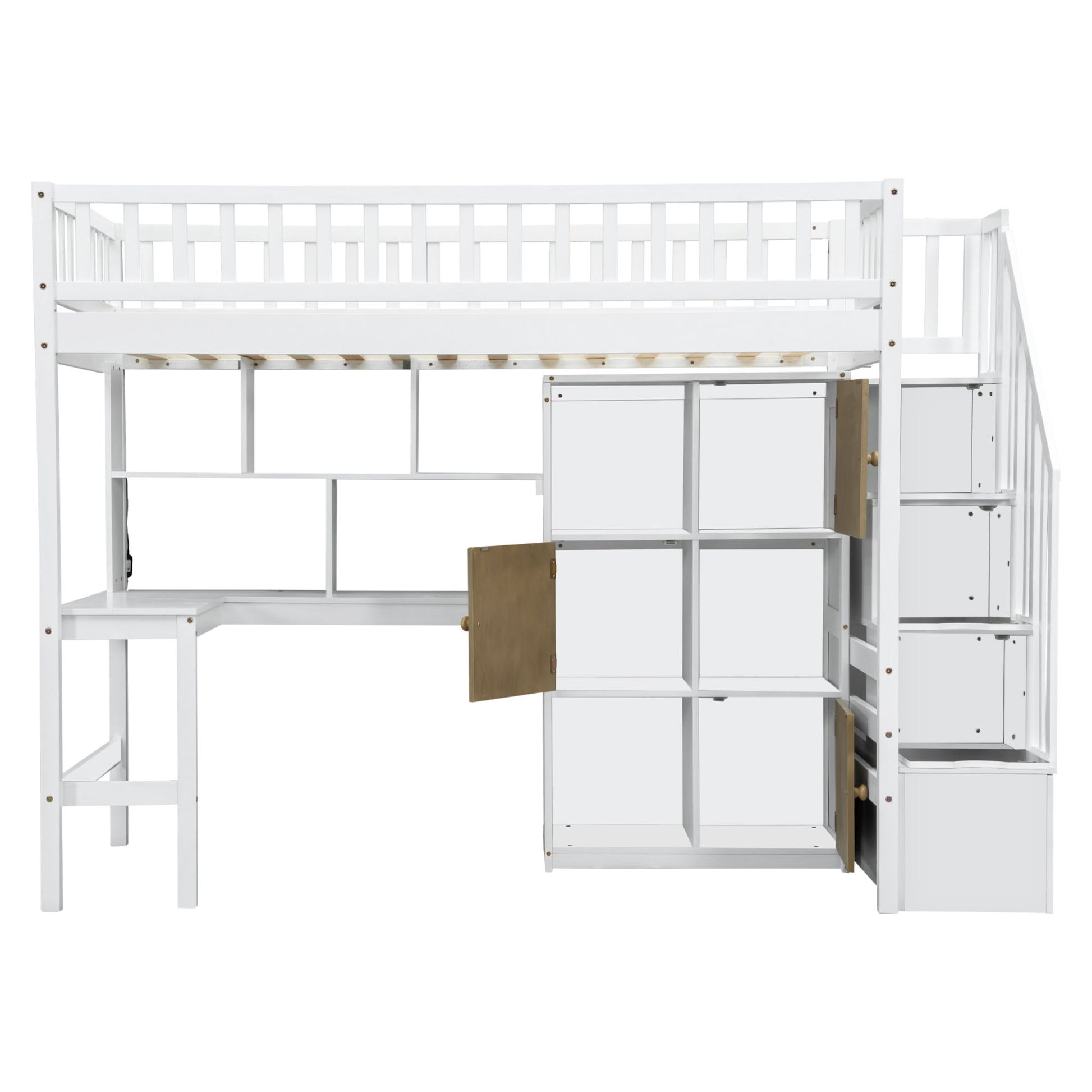 Loft Bed With Built In L Shaped Desk, LED Lights, Storage Shelves, Cabinets, And Staircase - The Sleep Loft - Online Mattress Showroom NYC
