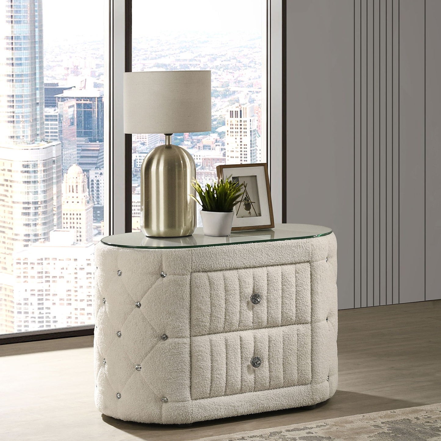 Santiago - Oval 2 Drawer Upholstered Nightstand - Ivory - The Sleep Loft - Online Mattress Showroom NYC