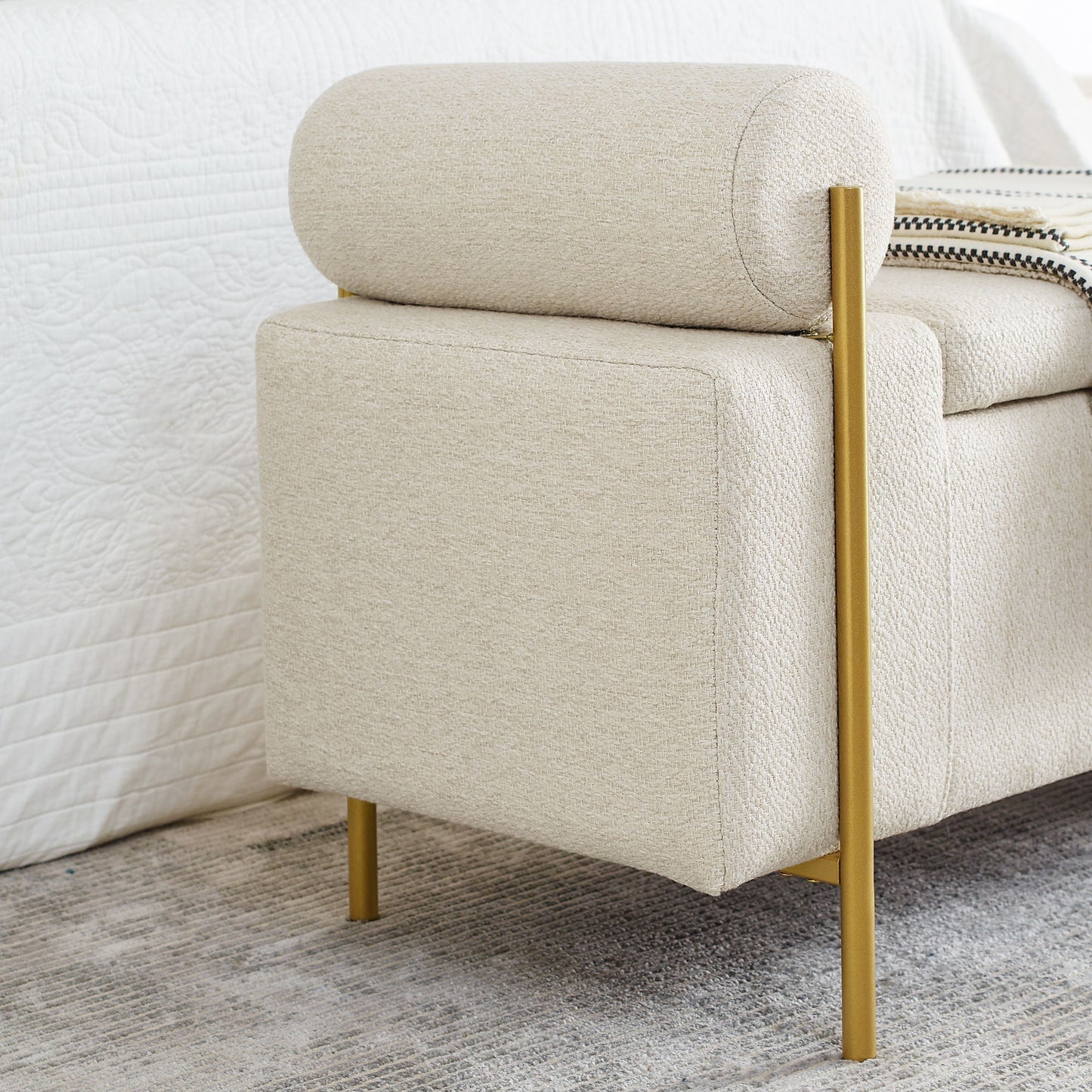 Elegant Upholstered Storage Bench With Cylindrical Arms And Iron Legs, - The Sleep Loft - Online Mattress Showroom NYC