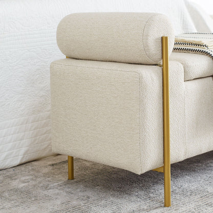 Elegant Upholstered Storage Bench With Cylindrical Arms And Iron Legs, - The Sleep Loft - Online Mattress Showroom NYC
