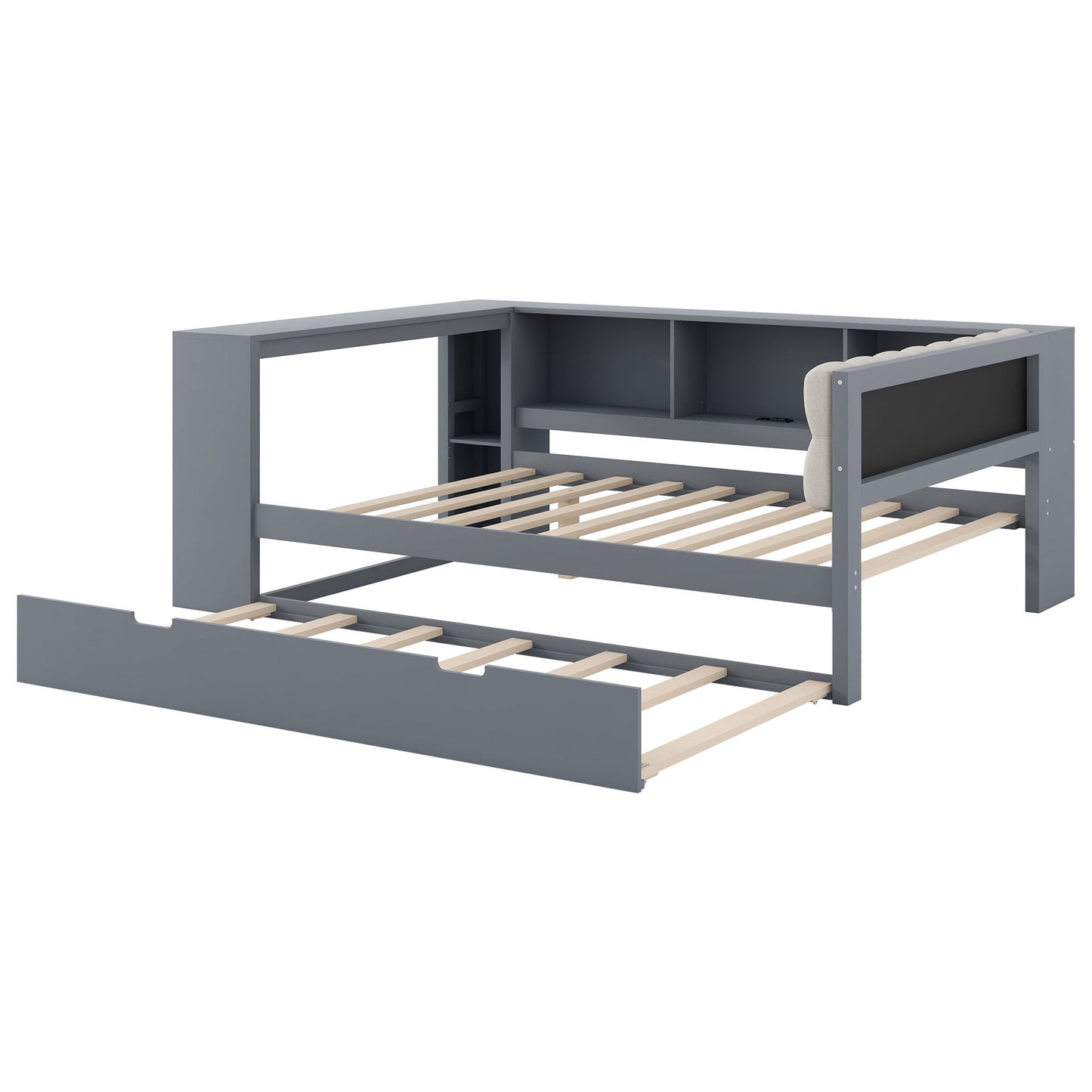 Upholstered Headboard Platform Bed With Storage Shelves, Trundle, Charging Station - The Sleep Loft - Online Mattress Showroom NYC