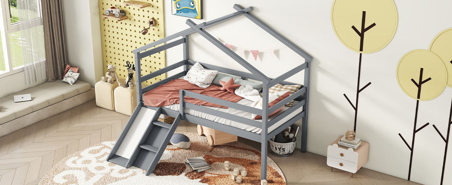Low Loft House Bed With Slide, Ladder, Safety Guardrails, House Roof Frame - The Sleep Loft - Online Mattress Showroom NYC