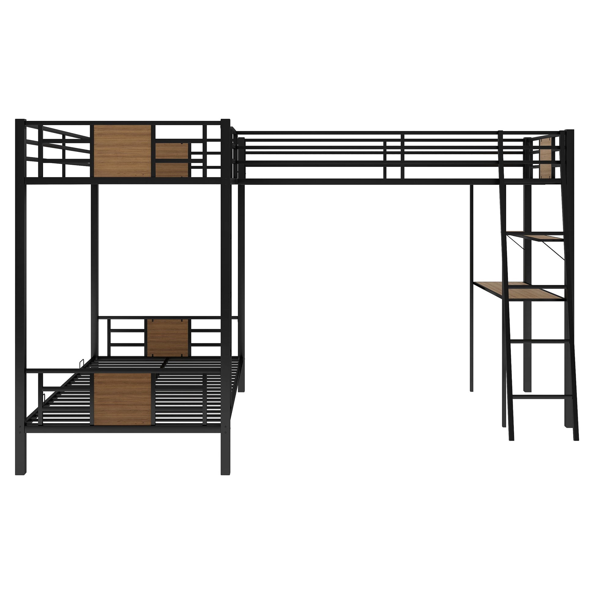 L-Shaped Twin Over Twin Bunk Bed With Twin Size Loft Bed With Desk And Shelf - Brown - The Sleep Loft - Online Mattress Showroom NYC
