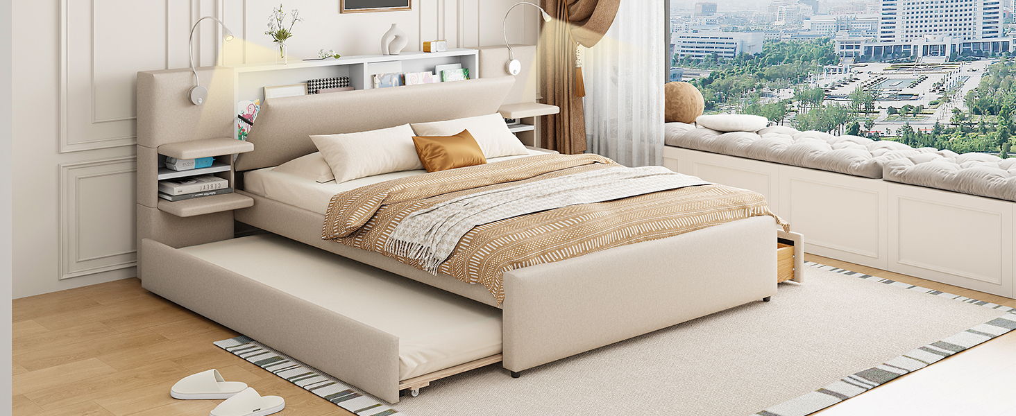 Upholstered Platform Bed With Reading Lights, Drawers, Trundle And Shelves - The Sleep Loft - Online Mattress Showroom NYC