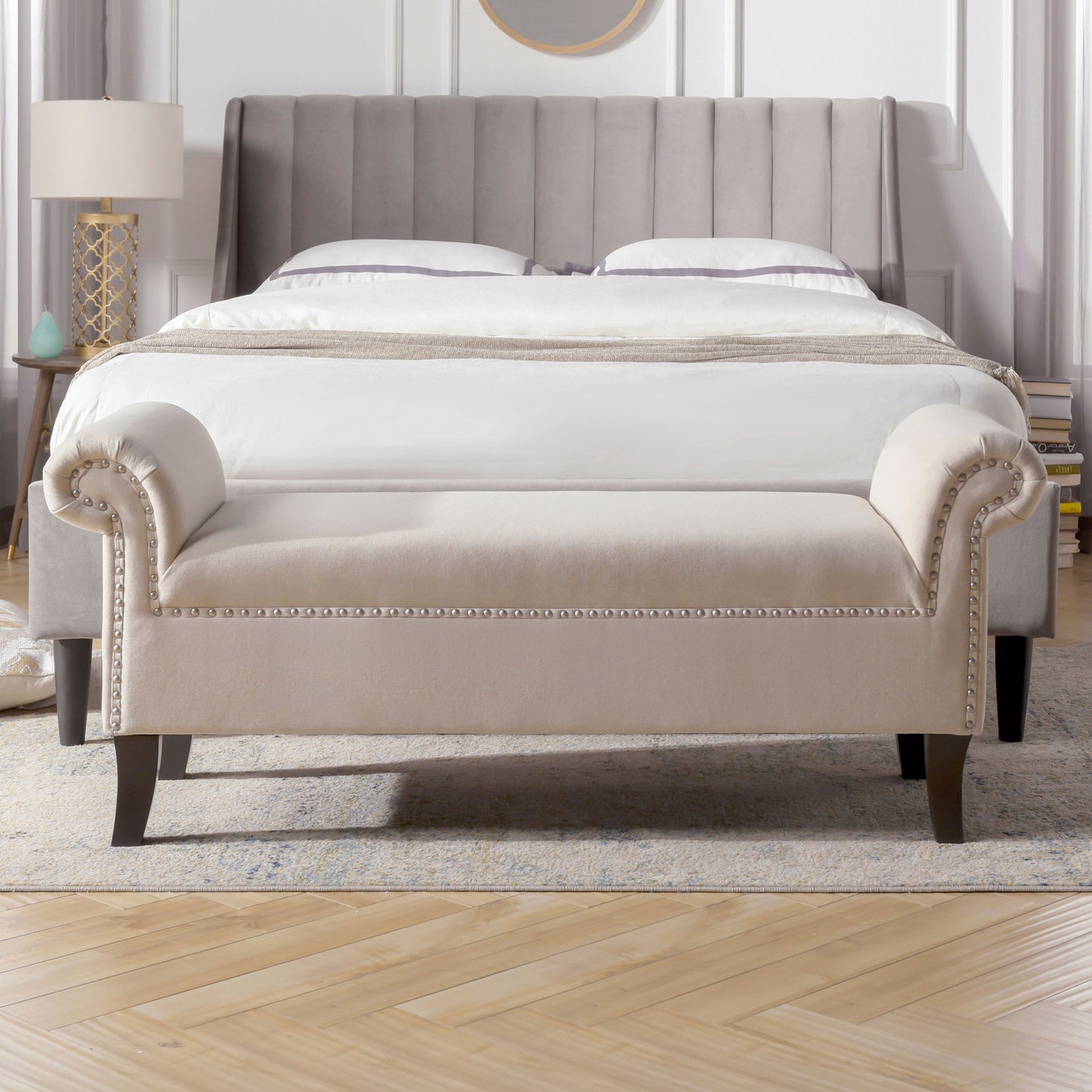 Kathy - Roll Arm Entryway Accent Bench - Sky Neutral Beige - The Sleep Loft - Online Mattress Showroom NYC