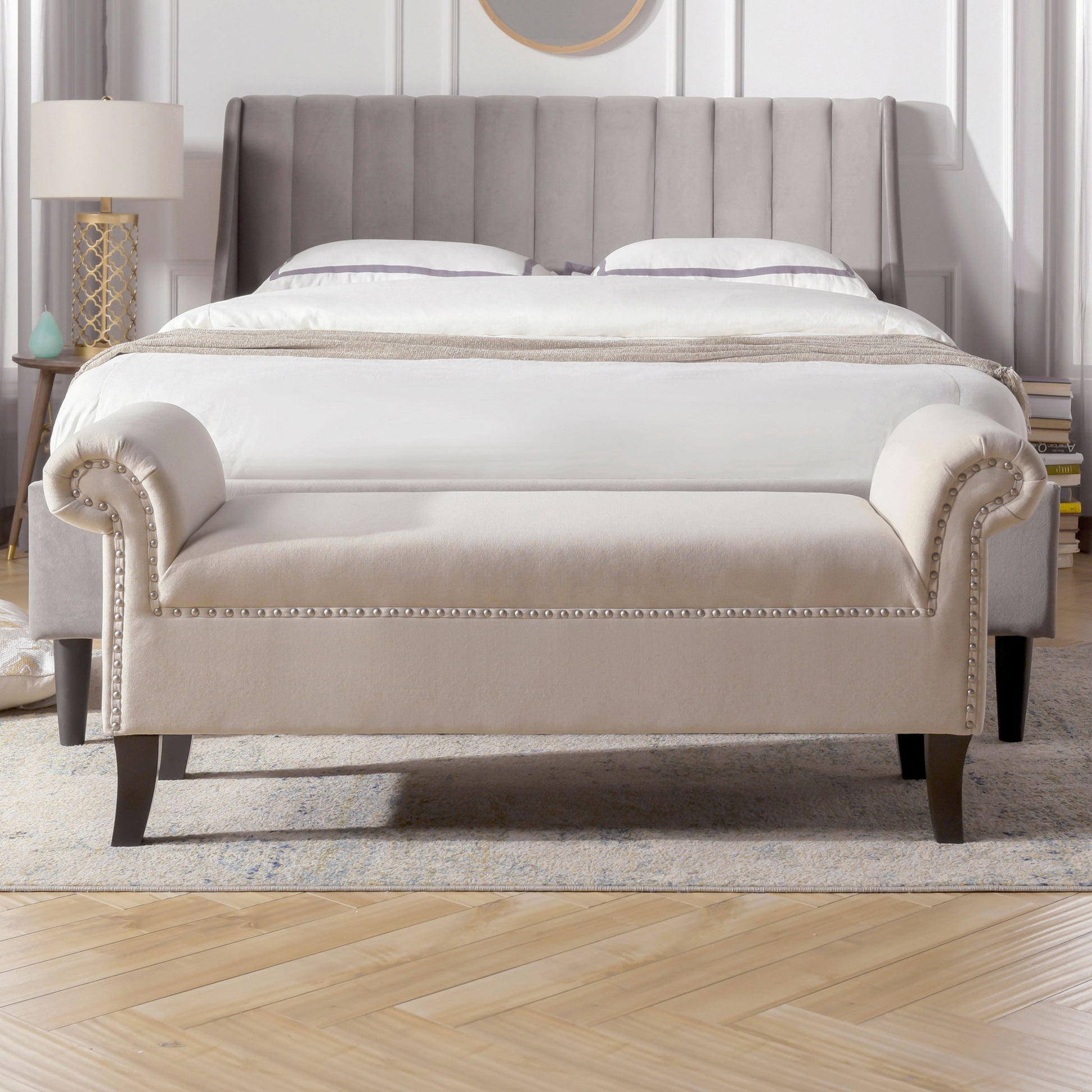 Kathy - Roll Arm Entryway Accent Bench - Sky Neutral Beige - The Sleep Loft - Online Mattress Showroom NYC