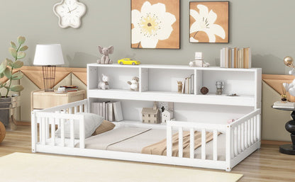 Floor Bed With Bedside Bookcase, Shelves, Guardrails - The Sleep Loft - Online Mattress Showroom NYC
