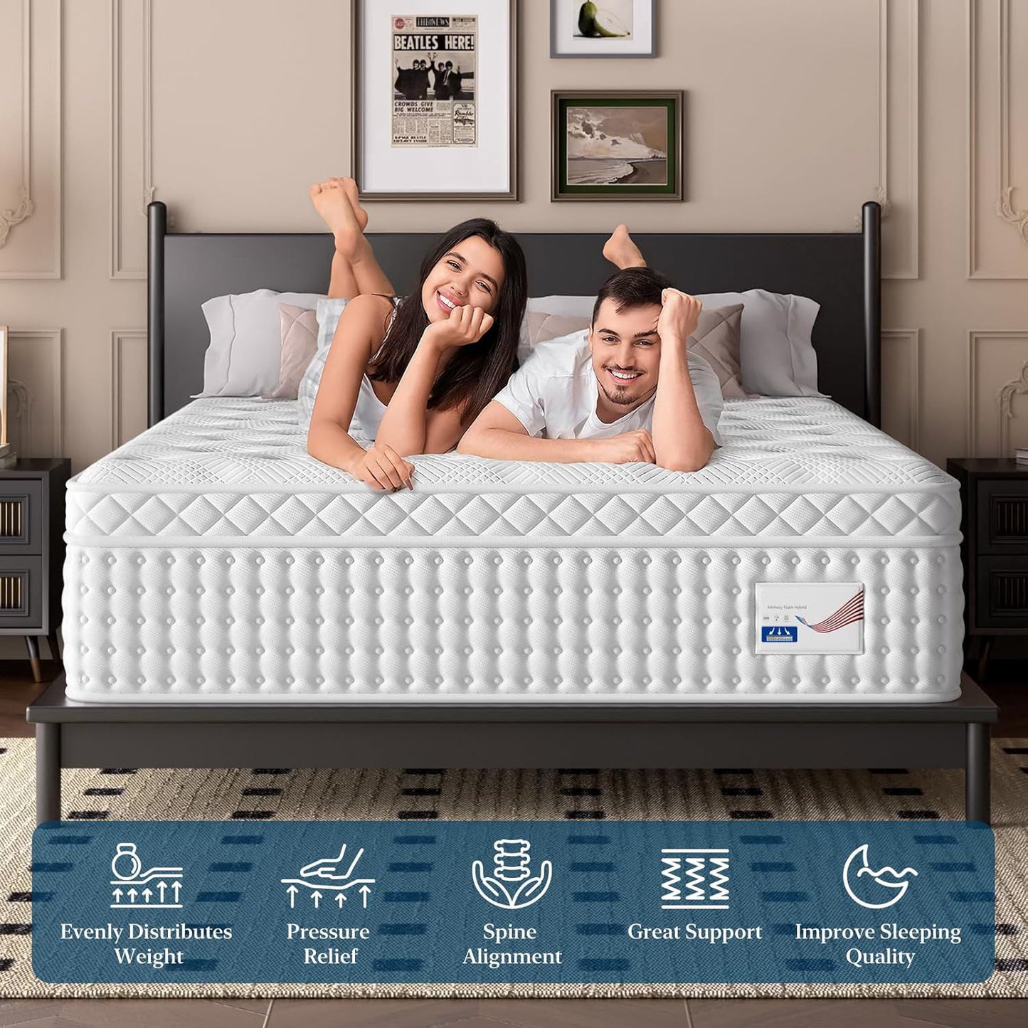 12" King Hybrid Mattress, Memory Foam & Pocket Spring Bed, Medium Firm Comfort, Spine Support, Quiet & Breathable - White