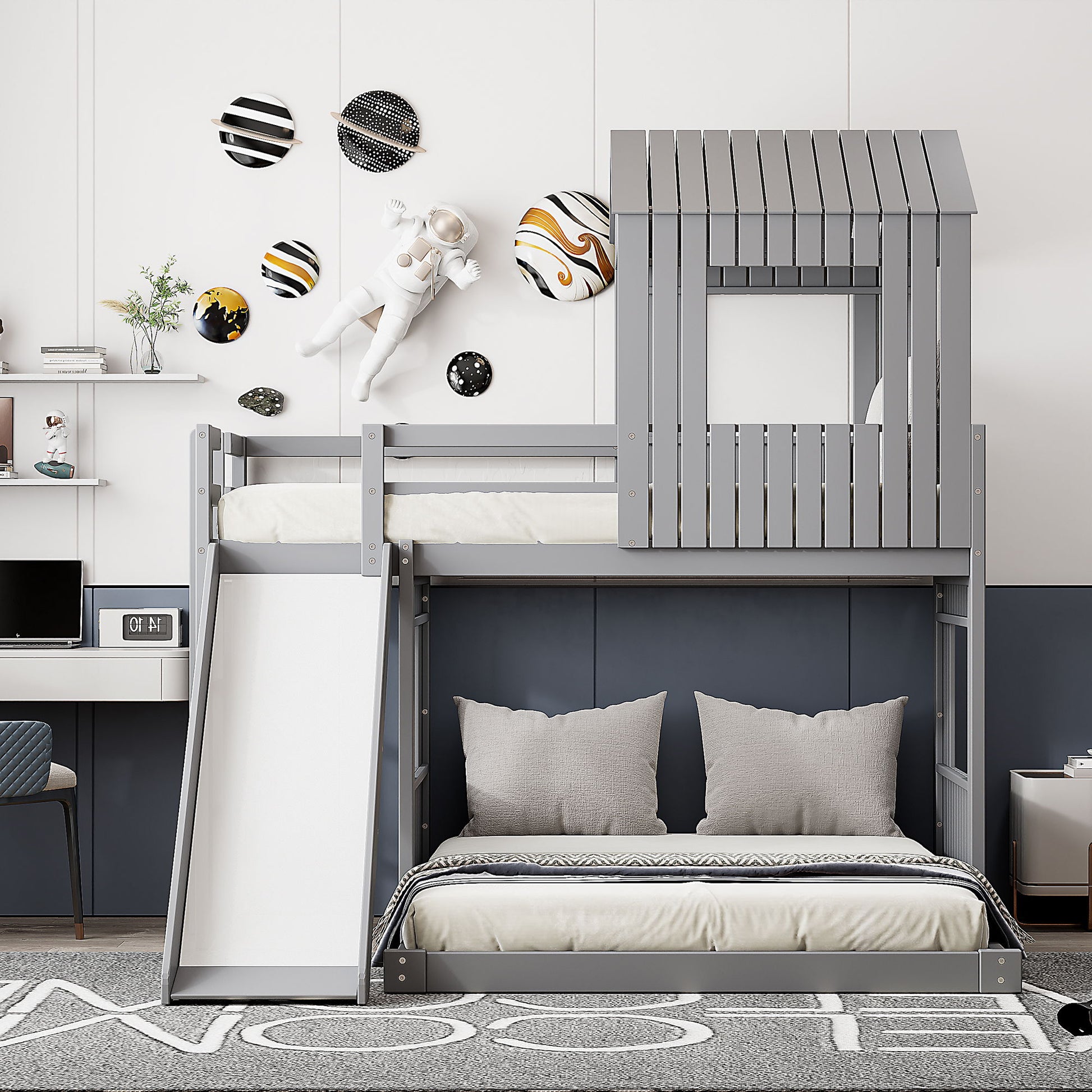 Loft Bunk Bed With Playhouse, Farmhouse, Ladder, Slide And Guardrails - The Sleep Loft - Online Mattress Showroom NYC