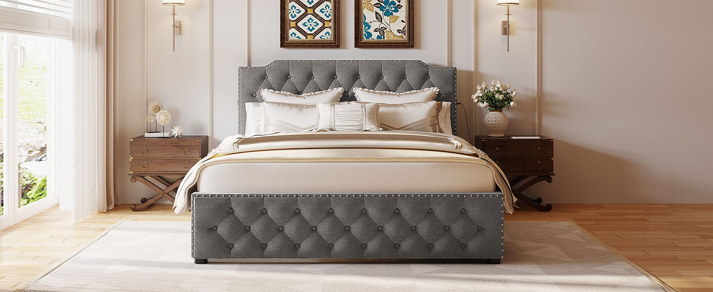 Upholstered Platform Bed With 2 Drawers And 2 Sets Of USB Ports On Each Side, Linen Fabric - The Sleep Loft - Online Mattress Showroom NYC