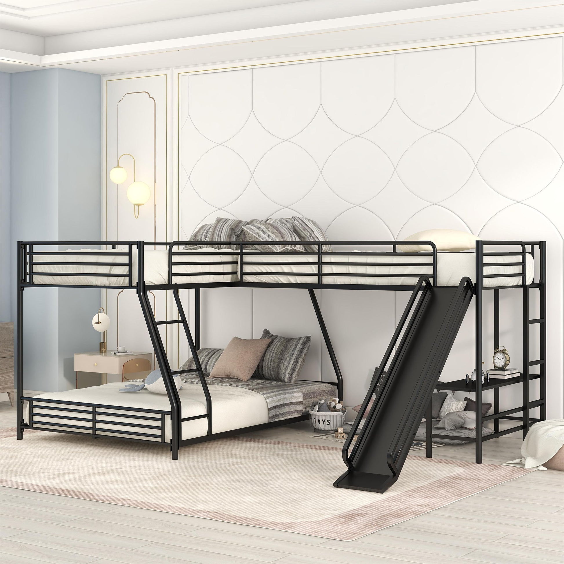 L-Shaped Twin Over Full Bunk Bed With Twin Loft, Built In Desk And Slide - Black - The Sleep Loft - Online Mattress Showroom NYC
