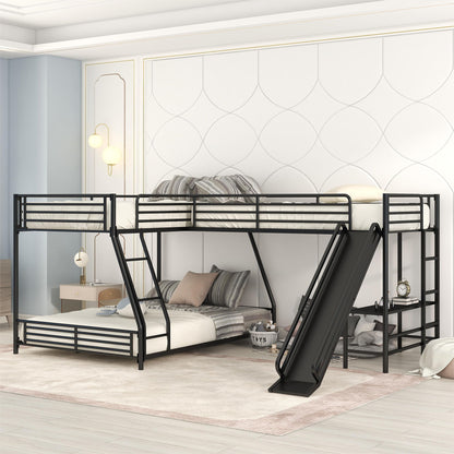 L-Shaped Twin Over Full Bunk Bed With Twin Loft, Built In Desk And Slide - Black - The Sleep Loft - Online Mattress Showroom NYC
