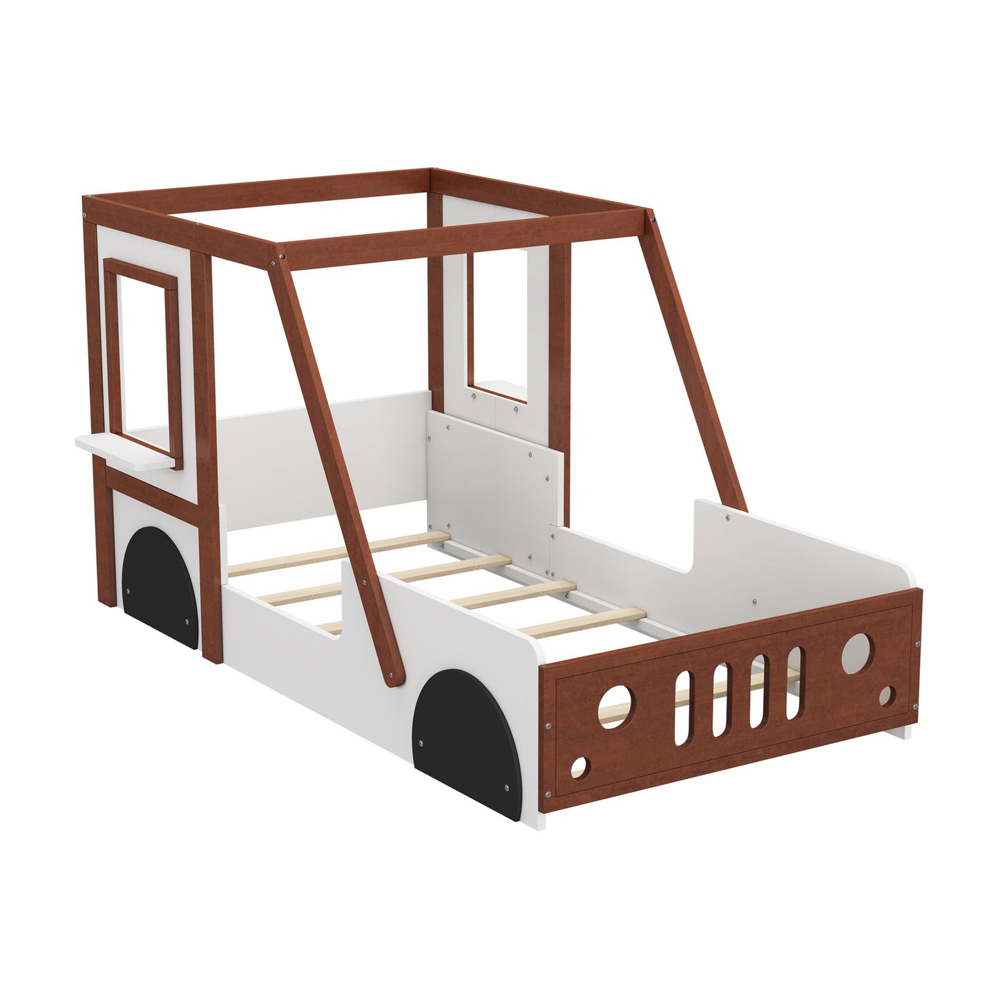 Fun Play Design Twin Size Car Bed, Kids Platform Bed In Car Shaped For Kids Boys Girls Teens - White / Orange - The Sleep Loft - Online Mattress Showroom NYC
