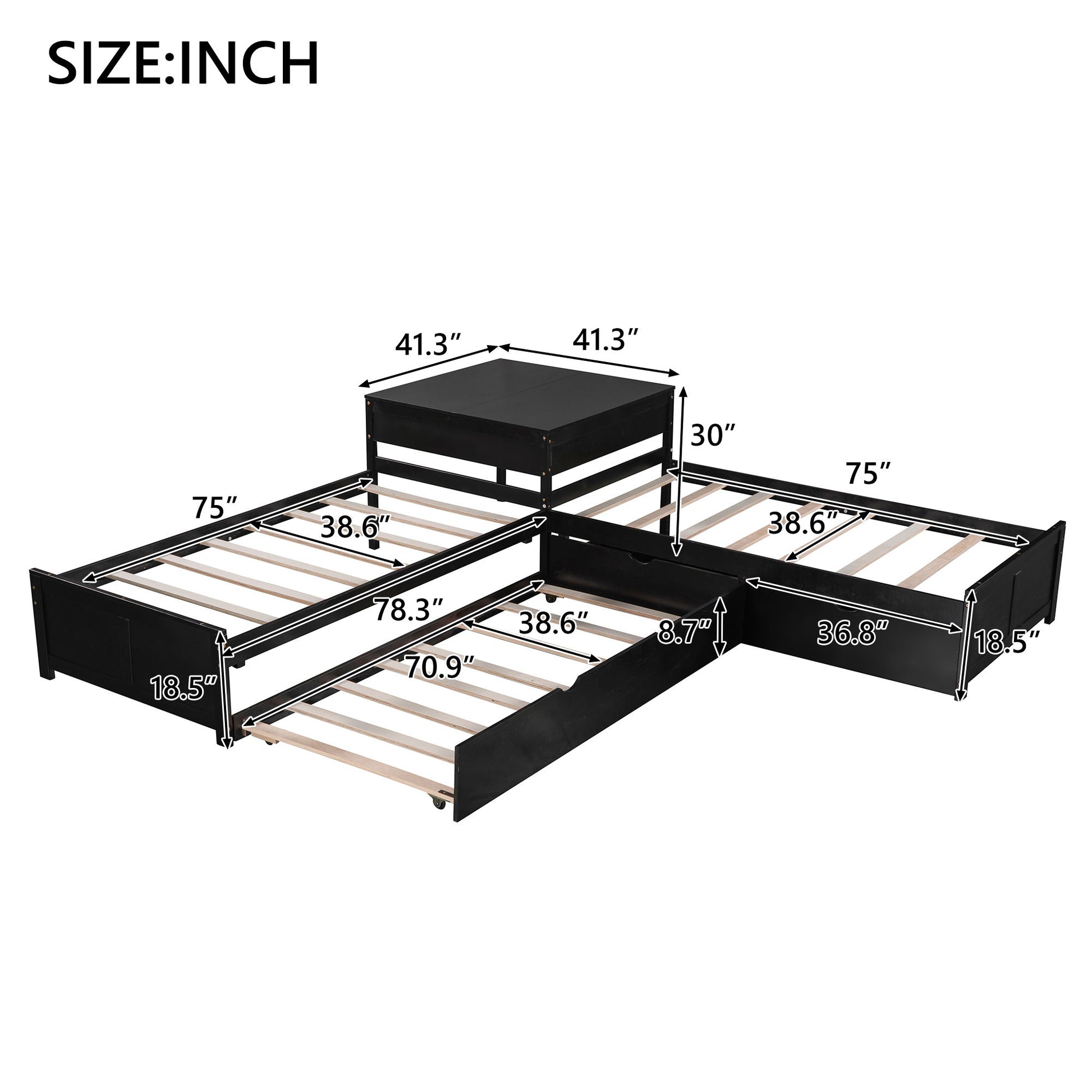 L Shaped Platform Bed With Trundle And Drawers Linked With Built In Desk - The Sleep Loft - Online Mattress Showroom NYC