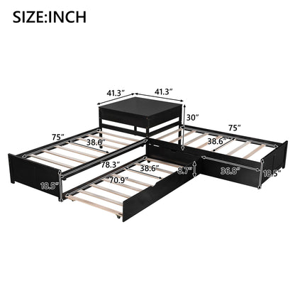 L Shaped Platform Bed With Trundle And Drawers Linked With Built In Desk - The Sleep Loft - Online Mattress Showroom NYC