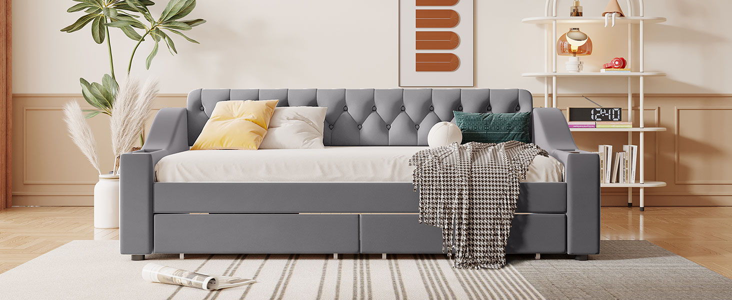 Upholstered Daybed With Storage Armrests And USB Port - The Sleep Loft - Online Mattress Showroom NYC