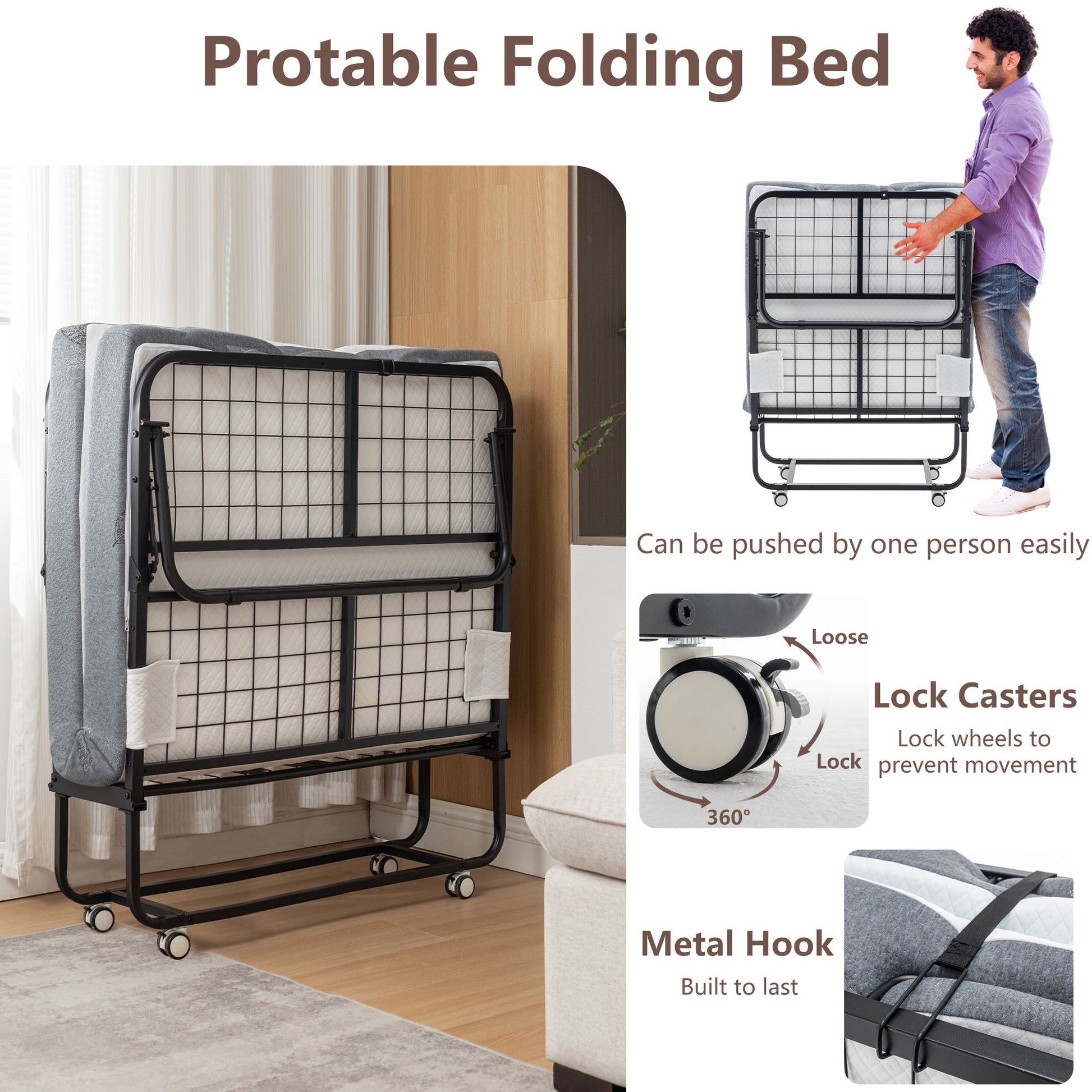 Foldable Metal Frame Bed For Guest With Memory Foam Mattress On Wheels, Saving Space Rollaway Bed - The Sleep Loft - Online Mattress Showroom NYC