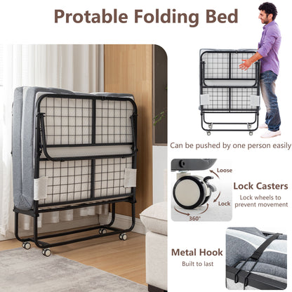 Foldable Metal Frame Bed For Guest With Memory Foam Mattress On Wheels, Saving Space Rollaway Bed - The Sleep Loft - Online Mattress Showroom NYC