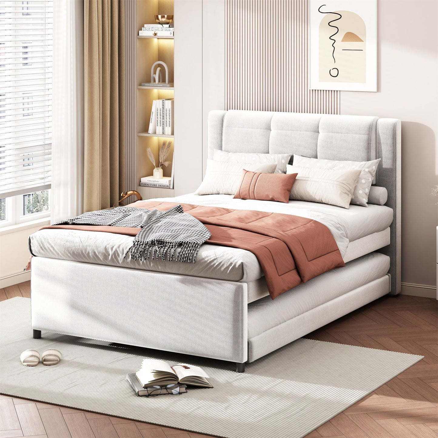 Upholstery Platform Bed With Trundle, Trundle Can Be Flat Or Erected - The Sleep Loft - Online Mattress Showroom NYC