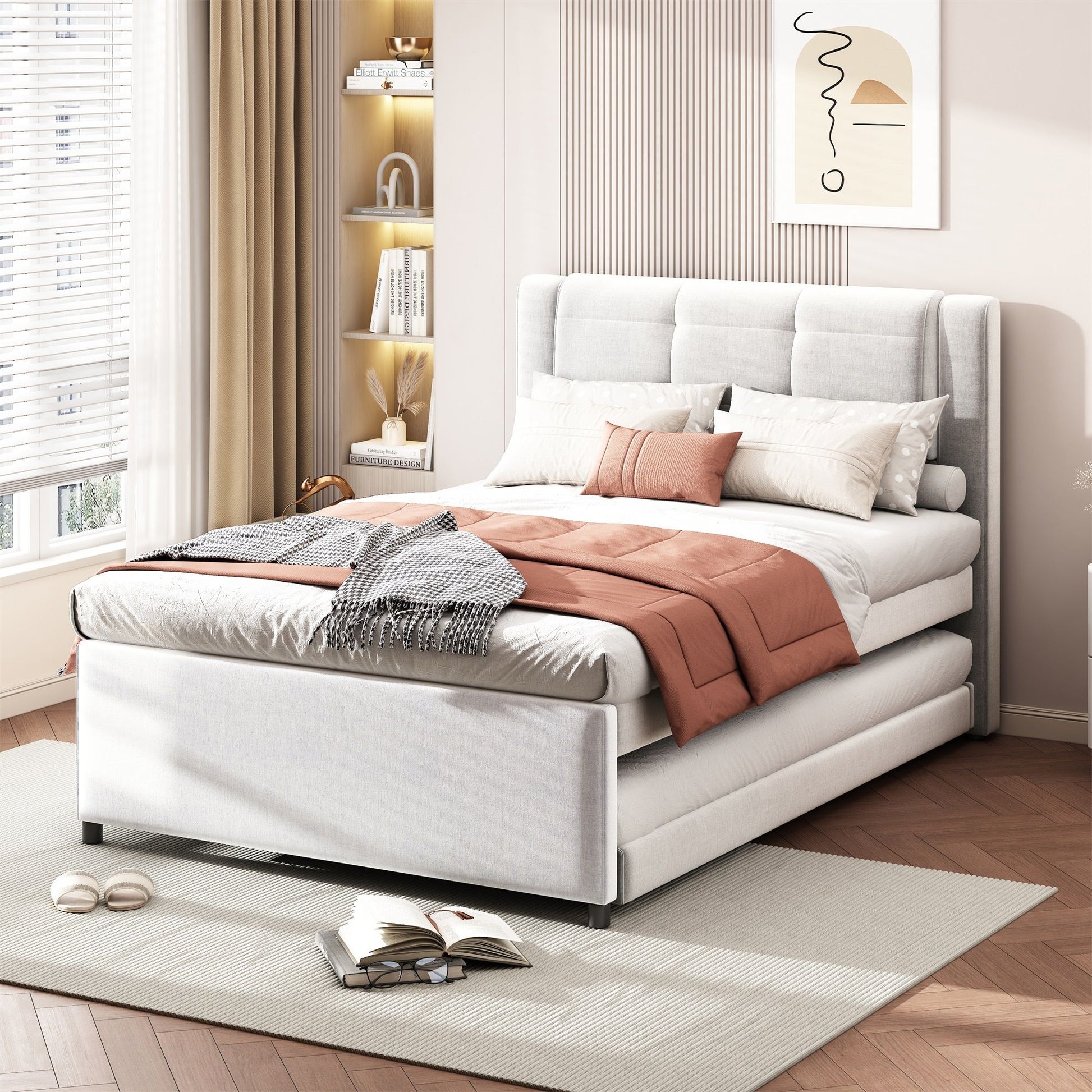 Upholstery Platform Bed With Trundle, Trundle Can Be Flat Or Erected - The Sleep Loft - Online Mattress Showroom NYC