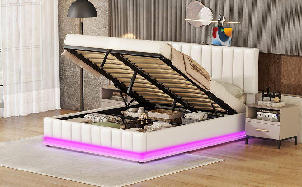 Upholstered Bed With Hydraulic Storage System And LED Light, With Sockets And USB Ports - The Sleep Loft - Online Mattress Showroom NYC