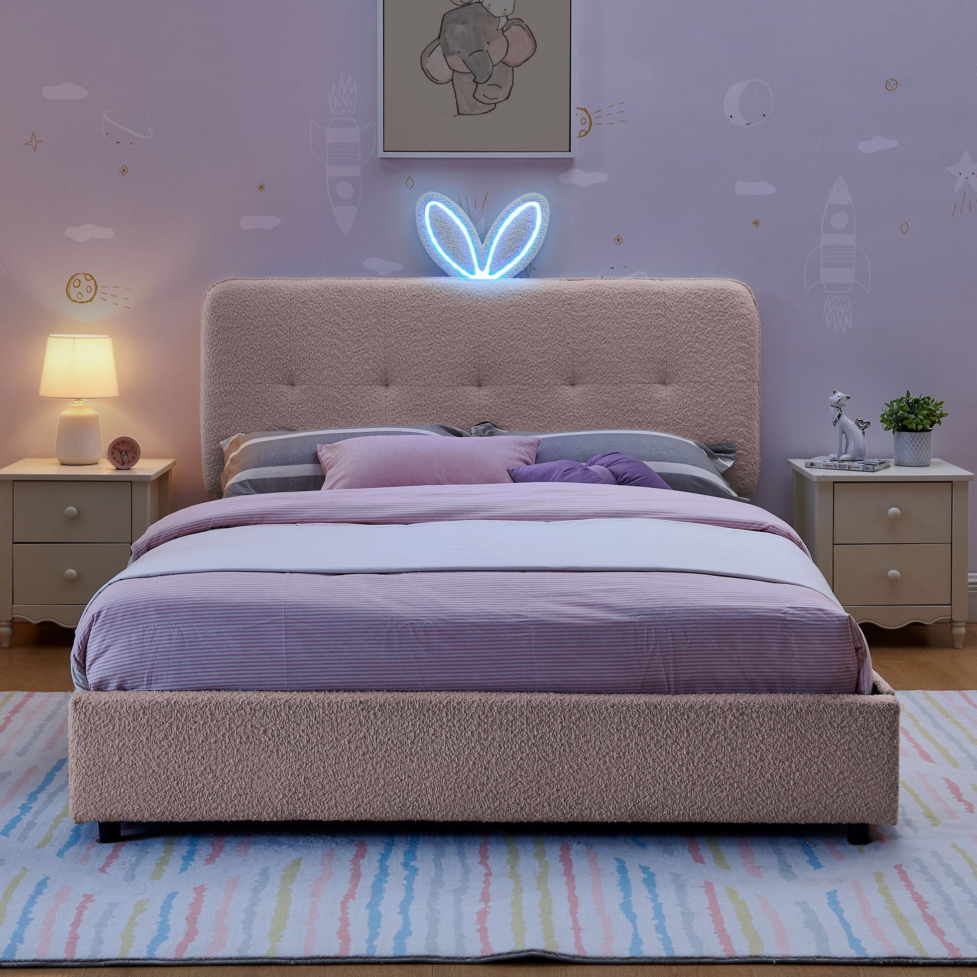 Upholstered Bed With Oversized Rabbit Ear Headboard, LED Lights & 4 Storage Drawers - The Sleep Loft - Online Mattress Showroom NYC