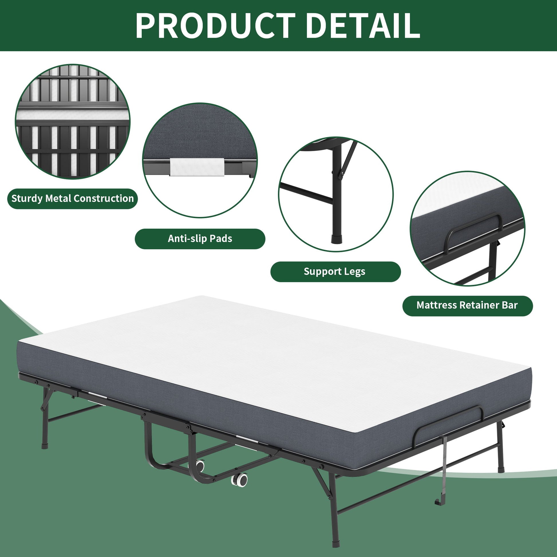 Twin Wide Folding Bed For Tall People, Extra Long & Wide Rollaway With Memory Foam, Heavy-Duty - Black - The Sleep Loft - Online Mattress Showroom NYC
