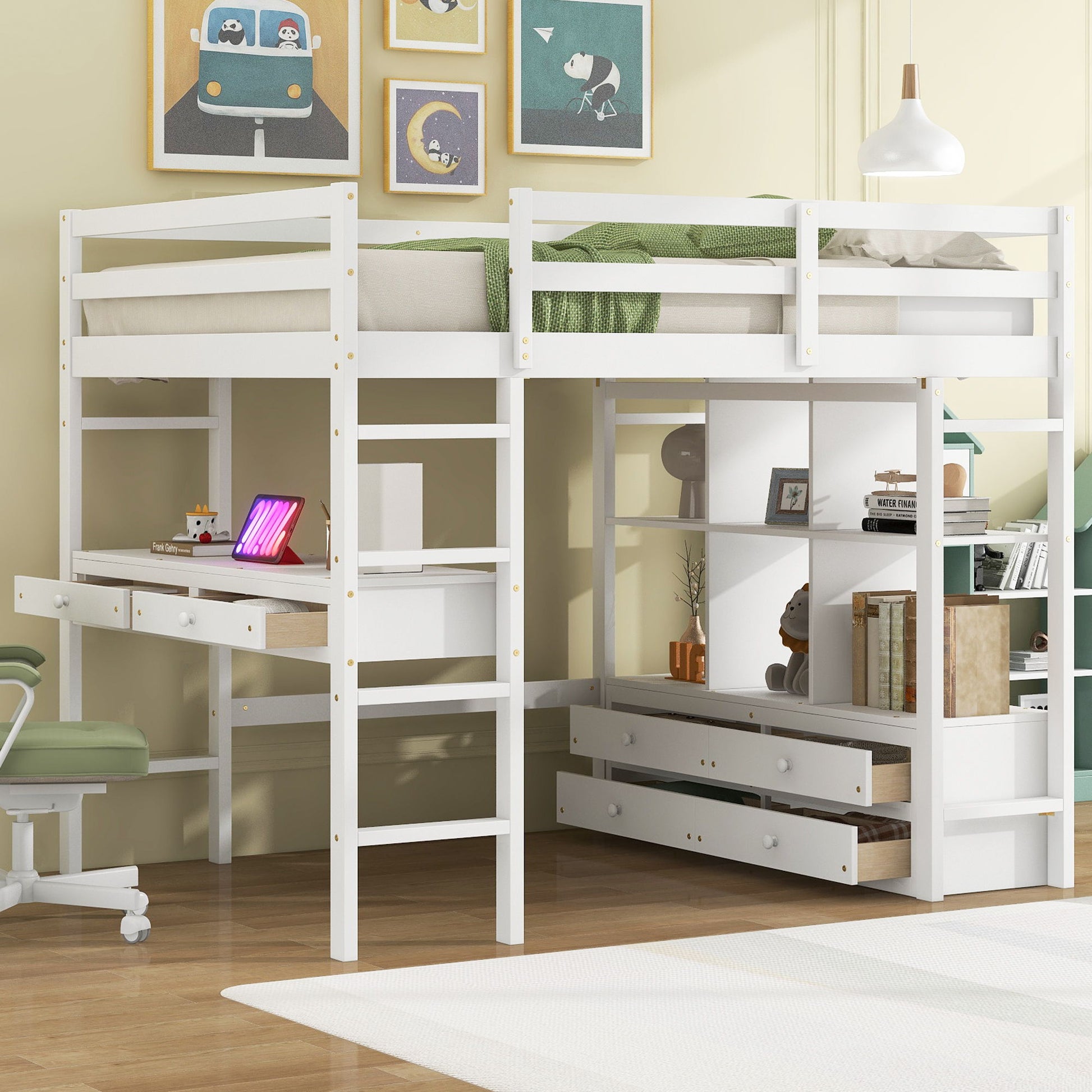 Full Size Loft Bed With Built In Desk, 2 Drawers, Storage Shelves - White - The Sleep Loft - Online Mattress Showroom NYC