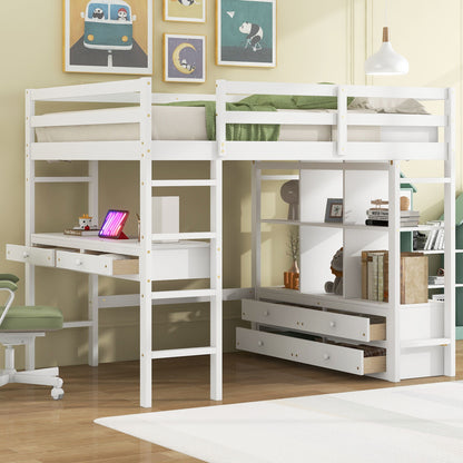 Full Size Loft Bed With Built In Desk, 2 Drawers, Storage Shelves - White - The Sleep Loft - Online Mattress Showroom NYC
