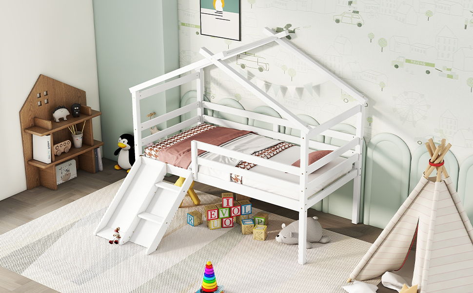 Low Loft House Bed With Slide, Ladder, Safety Guardrails, House Roof Frame - The Sleep Loft - Online Mattress Showroom NYC