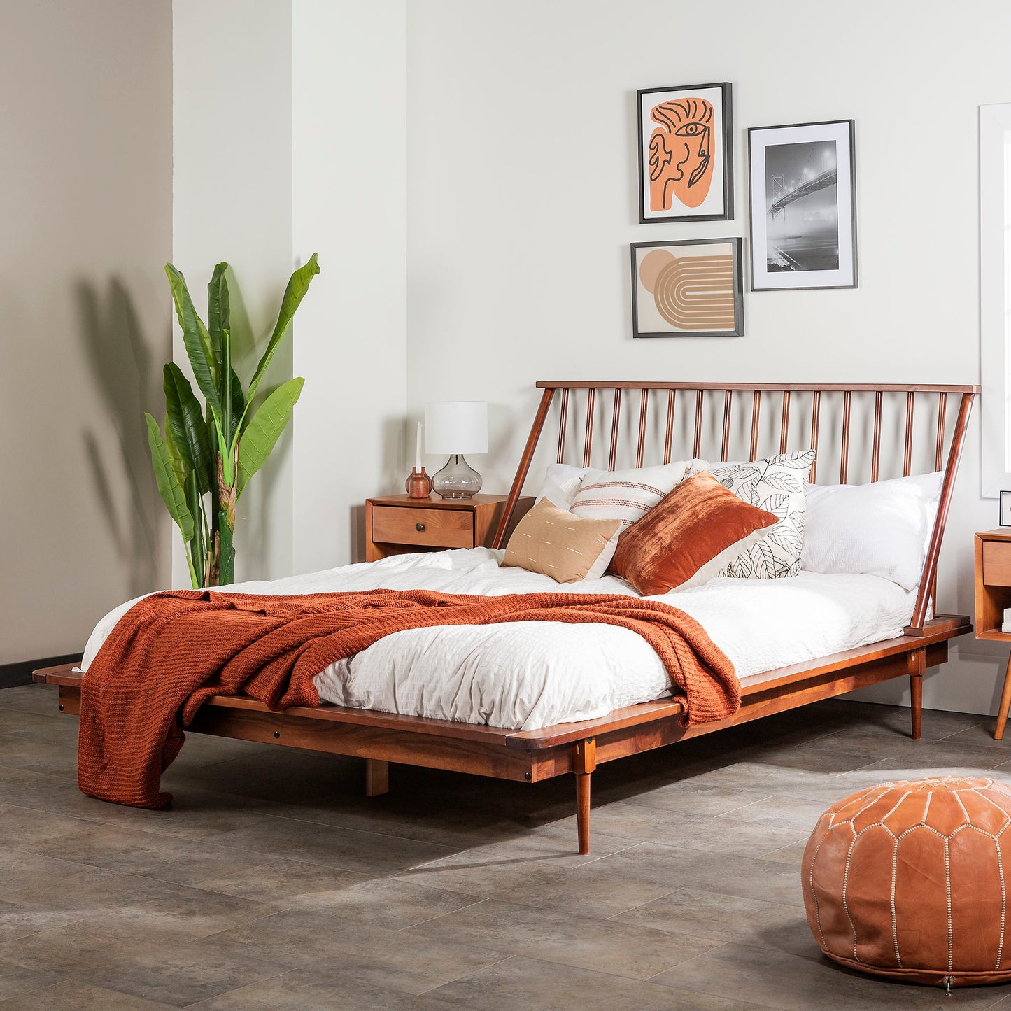 Mid-Century Modern Solid Wood Platform Bed Frame With Spindle Headboard - The Sleep Loft - Online Mattress Showroom NYC