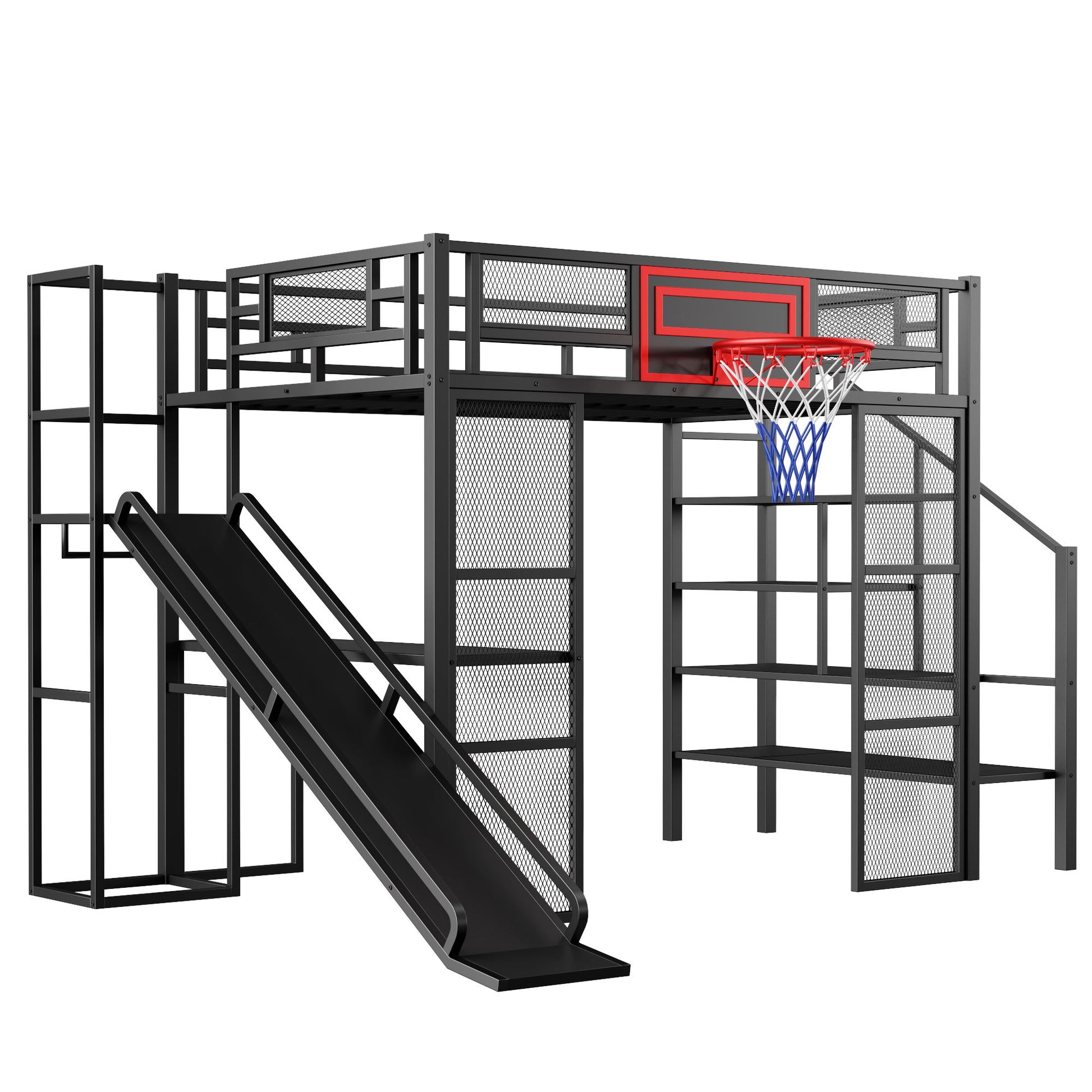 Loft Bed With Built In Desk, Open Wardrobe, Basketball Hoop, Slide And Staircase - The Sleep Loft - Online Mattress Showroom NYC
