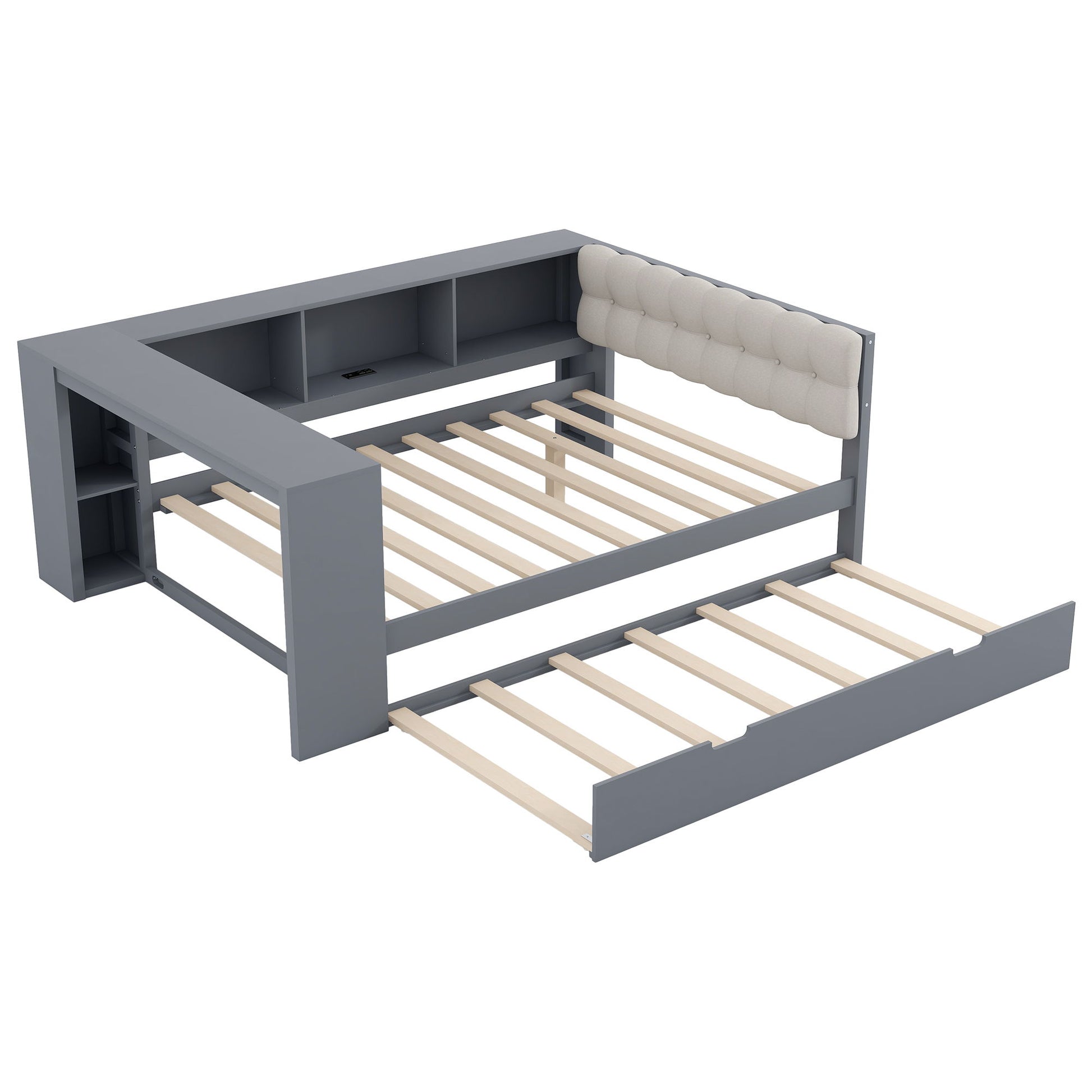 Upholstered Headboard Platform Bed With Storage Shelves, Trundle, Charging Station - The Sleep Loft - Online Mattress Showroom NYC