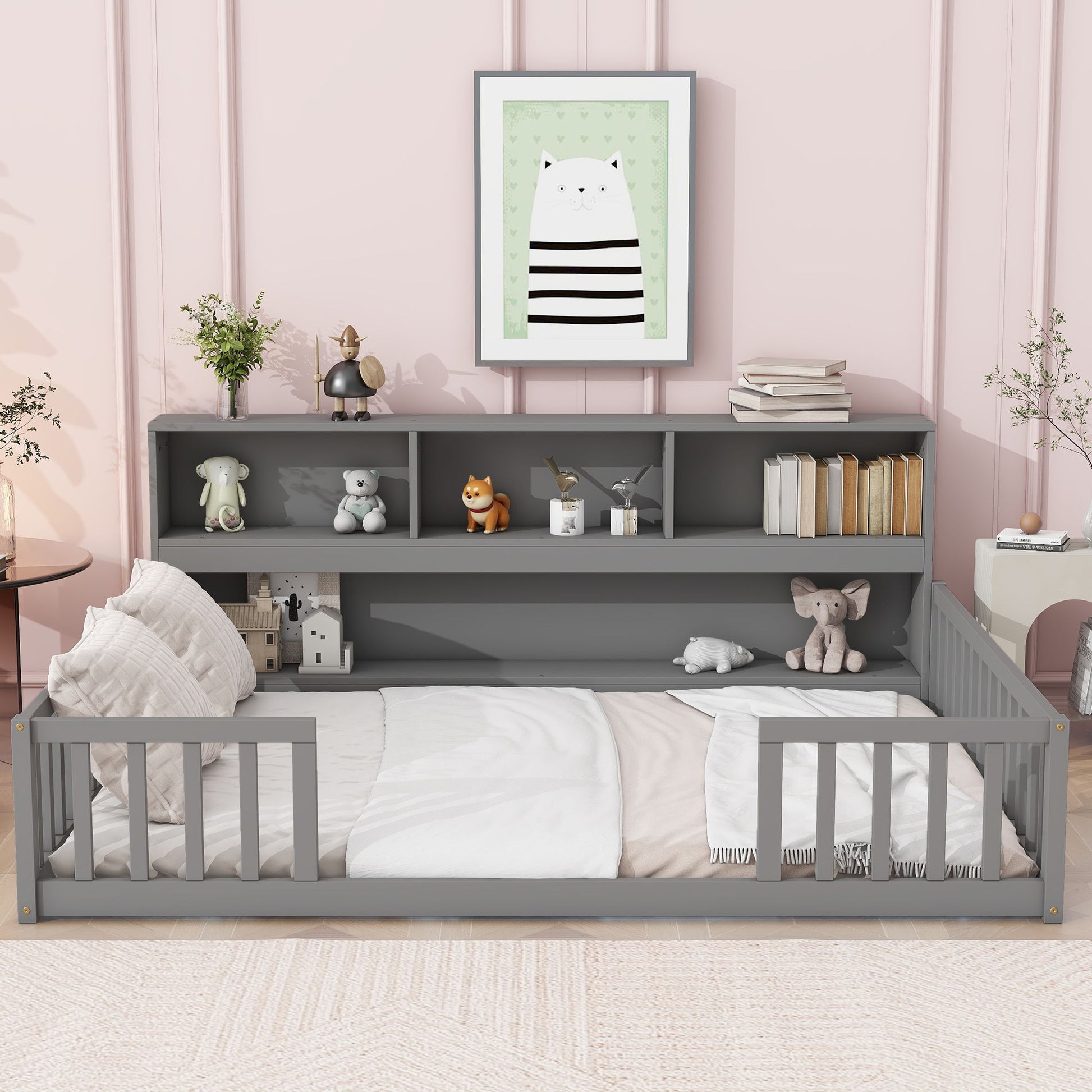 Floor Bed With Side Bookcase, Shelves, Guardrails - The Sleep Loft - Online Mattress Showroom NYC