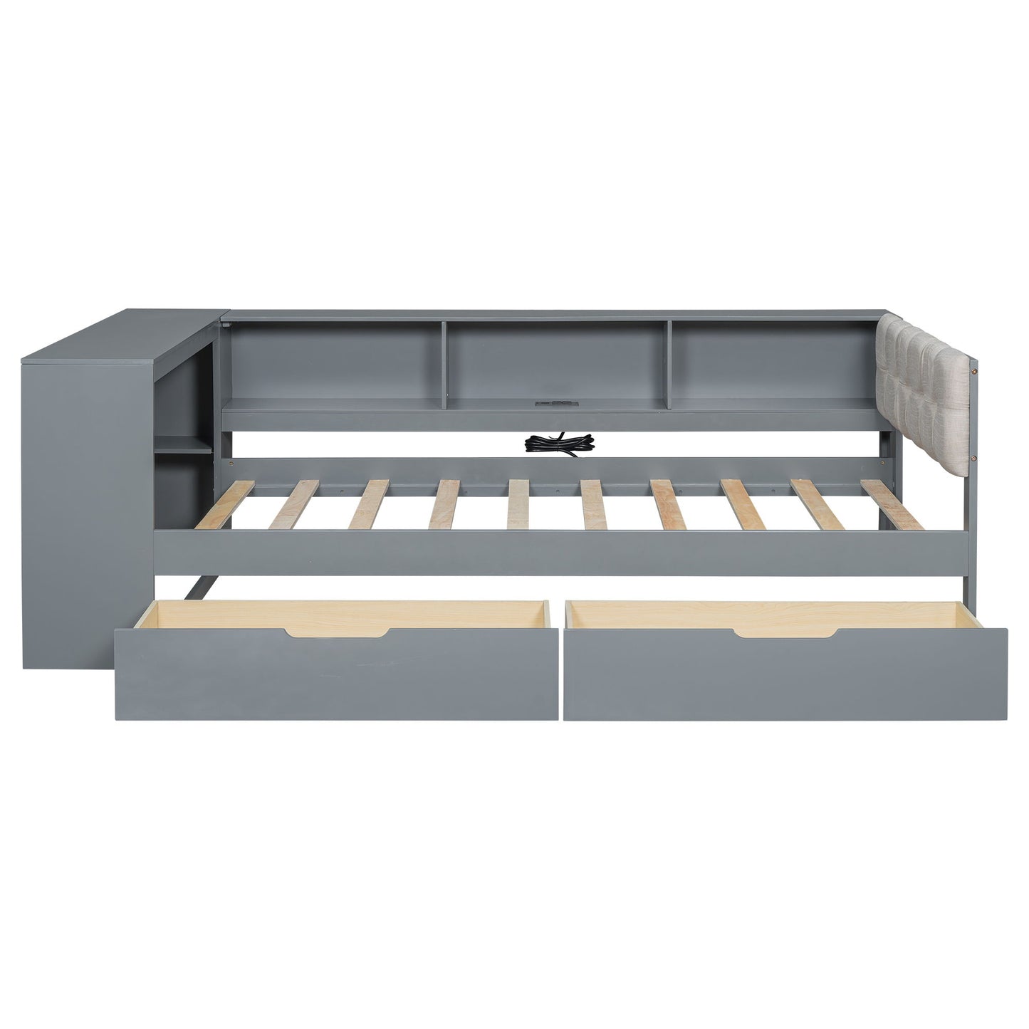 Upholstered Headboard Platform Bed With Storage Shelves, Drawers, Charging Station - The Sleep Loft - Online Mattress Showroom NYC