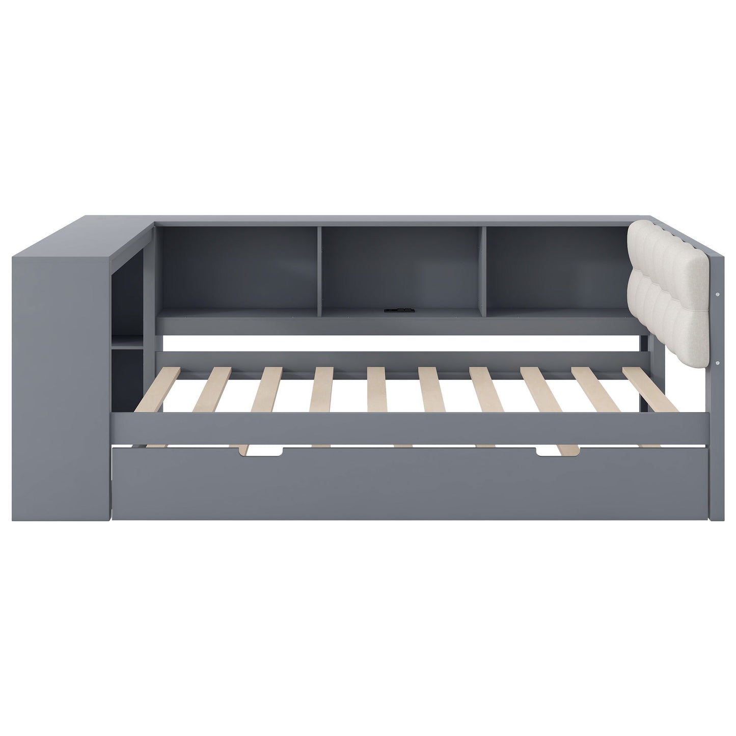 Upholstered Headboard Platform Bed With Storage Shelves, Trundle, Charging Station - The Sleep Loft - Online Mattress Showroom NYC