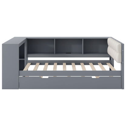 Upholstered Headboard Platform Bed With Storage Shelves, Trundle, Charging Station - The Sleep Loft - Online Mattress Showroom NYC