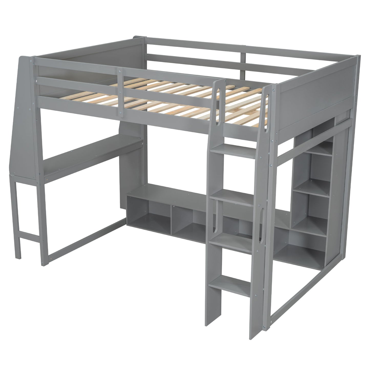 Full Size Gaming Loft Bed With Desk, Multi Storage Shelves, LED Lighting, And Hanging Clothes Rack - Gray - The Sleep Loft - Online Mattress Showroom NYC