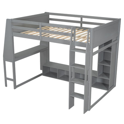Full Size Gaming Loft Bed With Desk, Multi Storage Shelves, LED Lighting, And Hanging Clothes Rack - Gray - The Sleep Loft - Online Mattress Showroom NYC