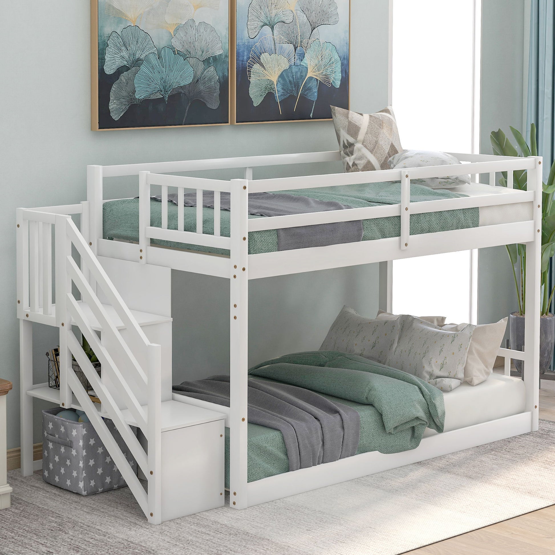 Twin Over Twin Floor Bunk Bed, Ladder With Storage - The Sleep Loft - Online Mattress Showroom NYC