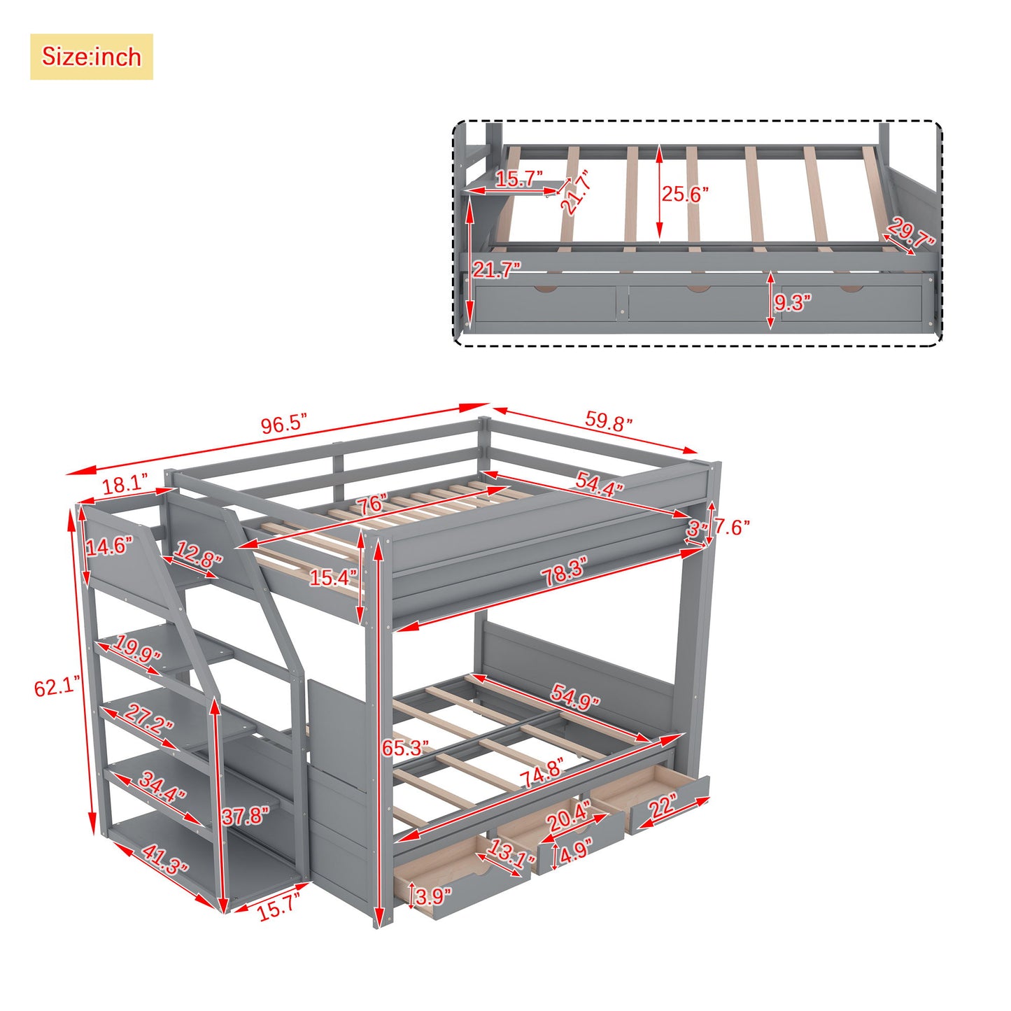 Wood Full Size Convertible Bunk Bed With Storage Staircase, Bedside Table, And 3 Drawers - Gray - The Sleep Loft - Online Mattress Showroom NYC