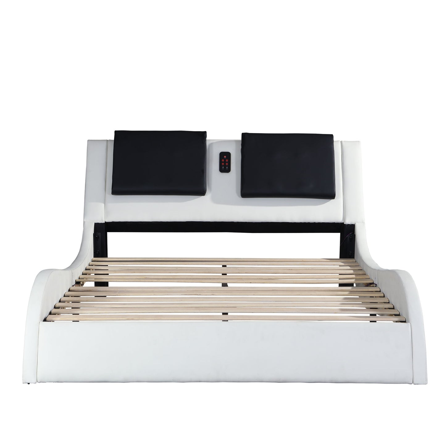 Upholstered Platform Bed Frame With LED Lighting, Bluetooth Connection To Play Music Control, Backrest Vibration Massage, Curve Design, Wood Slat Support, Exhibited Speakers - The Sleep Loft - Online Mattress Showroom NYC